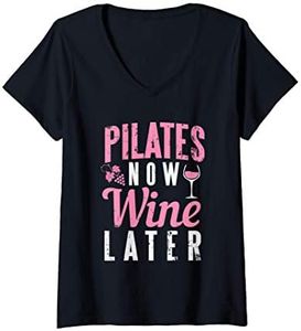 Donna Funny Pilates Now Wine Later Gym Beverage Maglietta con Collo a V