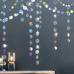 Holographic Circle Garlands Iridescent Party Supplies Hanging Streamer Backdrop Kids Unicorn Mermaid Theme Birthday Party Decorations Baby Shower Graduation Wedding Disco Bachelorette Party Decor