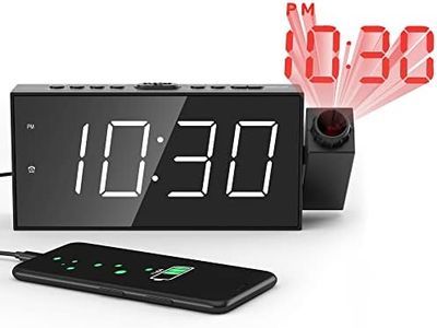 Mesqool 7" Projection Alarm Clock for Bedrooms, Ceiling, Kitchen, Desk, Shelf, Wall, Travel, Home - AM FM Radio, 3 Dimmer, Dual Alarm, USB Charging Port, Outlet Powered & Battery Backup Setting