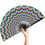 OMyTea Large Rave Clack Folding Hand Fan for Men/Women - Chinese Japanese Bamboo Handheld Fan - for EDM, Music Festival, Club, Event, Party, Dance, Performance, Decoration, Gift (Trippy Waves)