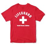 Personalised Lifeguard Kids T Shirt, Custom Location Printed, Lifeguard Gift Idea for Boys and Girls, Parody Costume Tee, 7-8 Years, Red