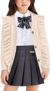 Arshiner Girls Sweater Cute Ruffle Cardigan Light Button Down Crochet Cardigan Christmas V-Neck Cardigan Pointelle School Uniform Beige for 7-8 Years