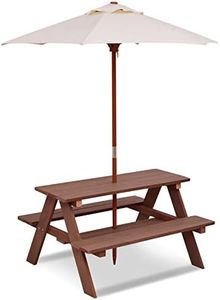 GOPLUS Mesa infantil al aire libre, mesa de picnic infantil con sombrilla, mesa de jardín y banco, salón de jardín infantil, 89×79×50 cm (nuez)