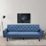 Fangflower Blue Tufted Back Sofa Bed Mid-Century Convertible Sleeper Futon with Tapered Wood Legs for Living Room Apartment Lounge