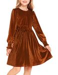 Arshiner Girls Long Sleeve Dress Velvet Crew Neck Midi Fall Vintage Plain Dress for Kids 4-13Y Burnt Orange