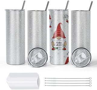 AGH 4PCS Sublimation Glitter Tumblers 20 oz Skinny Straight Silver Personalized 20oz Water Bottle Blanks Stainless Steel Flask Cup with Lid & Metal Straw & Shrink Wrap & Brush for Coffee Travel Craft