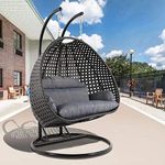 Wrought Iron Happy Star Outdoor Double Seater, Beautiful Swing With Stand Furniture (Black Swing With Grey Cushion), 86 Centimeters, 166 Centimeters, 7 Centimeters