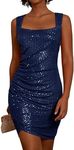 GRACE KARIN Women's Sequin Sparkly Dress Sleeveless Square Neck Glitter Bodycon Dress Ruched Cocktail Dress Navy Blue XL