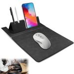 Portable Mouse Pad, Leather Laptop Mouse Pad with Phone & Pen Holder, Travel Mouse Pad Mouse Pad for Wireless Mouse, Foldable Laptop Computer Table Mats Mouse Pad for Home/School/Office (Black)