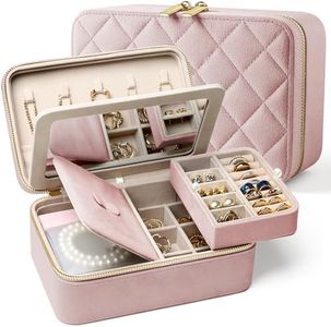 Lumayina Velvet Travel Jewelry Box with Large Mirror, Double-Layer Jewelry Organizer Case for Women and Girls, Portable Storage Case with 6 Anti-Tarnish Bags Gift Ready for Her (Blush Pink)