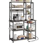 SUPERJARE Large Bakers Rack with Power Outlets, 6-Tier Microwave Stand, Coffee Bar with 12 S-Shaped Hooks, Kitchen Shelf with Wire Basket, 39.3 x 15.5 x 66.9 Inches, Charcoal Gray