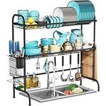 Over The Sink Dish Drying Rack,SEENWUUN Over Sink Dish Rack,Stainless Steel Sink Drying Rack with Utensil Holder Drying Rack Kitchen for Countertop ((fit≤33" Sink/84cm)