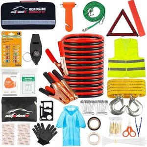 AUTODECO Car Roadside Emergency Kit – Premium, with Jumper Cables, Tow Strap, etc