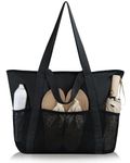 HOMESPON Beach Bag Large Waterproof Sandproof Foldable Tote for Women with Zipper and Mesh Pockets for Pool Cruise Travel Everyday (Black)