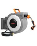 TREEWELL 1/2 in x 100ft Retractable Garden Hose Reel, Wall Mounted Heavy Duty Water Hose Reel with 10 Patterns Nozzle, Automatic Self-Rewind/Any Length Lock, 180° Swivel Bracket