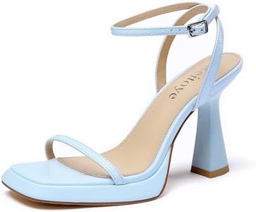 Reitoye Light Blue Heels for Women Ankle Strap Platform Heeled Sandals Square Open Toe Chunky High Heels Block Heels Size 6