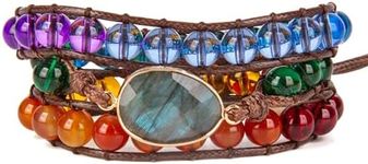 SPUNKYsoul Chakra Awareness Balancing Leather 3 Wrap Crystal Bracelet with Hematite for Women (Brown 8mm Labradorite)