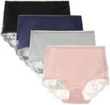 LIQQY Women's 3 or 4 Pack Comfort Cotton Lace Coverage Full Rise Briefs Underwear (Small, Black/Navy/Pink/Grey)