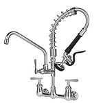 KWODE Commercial Sink Faucet with Pull Down Sprayer 8 Inch Center Wall Mount Kitchen Faucet with 8” Swivel Spout, 20” Height Pre Rinse Faucet for 1 Compartment Sink, Brass Constructed Chrome