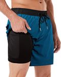 BOCACUE Mens Swim Shorts with Compression Liner 2 in 1 Quick Dry Beach Shorts with Pockets, Mens Swim Trunks Blue