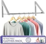 Double Foldable Clothing Rack w/ Extension Rod, Wall-Mounted Retractable Clothes Hanger for Laundry Dryer Room, Hanging Drying Rod, Small Collapsible Folding Garment Racks, Dorm Accessories (Chrome)