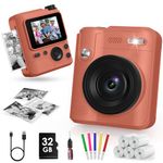 Gofunly Kids Camera Instant Print, 1080P Digital Camera for Kids with 32GB Card & 5 Print Paper Rolls, Selfie Toy Gift for Girls & Boys Ages 3-12, Brown