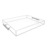 Isaac Jacobs Clear Acrylic Serving Tray (14x18) with Silver Metal Handles, Spill-Proof, Stackable Organizer, Food & Drinks Server, Indoors/Outdoors, Lucite Storage (14x18, Clear with Silver Handle)