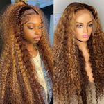 XSY Highlight Blonde Deep Curly Wave Lace Front Wigs Human Hair 4/27 Ombre Brown Lace Wig 13x4 HD Lace Front Wigs for Women Glueless Wigs Human Hair Pre Plucked with Baby Hair 150% Density 20 Inch