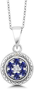 Gem Stone King 925 Sterling Silver Blue Created Sapphire and White Lab Grown Diamond Round Pendant Necklace For Women (0.42 Cttw, Gemstone Birthstone, with 18 Inch Chain), Sterling Silver Lab Grown