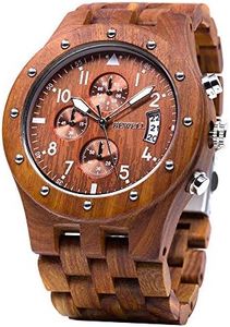 BEWELL Montre Bois Homme Chronographe Quartz avec Bracelet en Acier Bois Date Calendrier Décontracté Rond (Rouge)