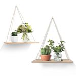 YiYa 2Pcs Rope Hanging Floating Shelves Hanging Shelves for Wall Modern Wall Hanging Shelves Wooden Floating Shelves with String Rope for Living Room Bathroom Bedroom Small Plants Decor