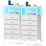 Seventable Nightstand with Built-in Charging Station and LED Lights, 5 Fabric Drawer Bedside Table for Bedroom, Multifunctional Side Table for Living Room, White, Set of 2