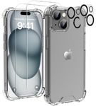 MASETECH 5-in-1 for iPhone 15 Case Clear [2 Glass Screen Protector Cover+2 Camera Lens Protector]