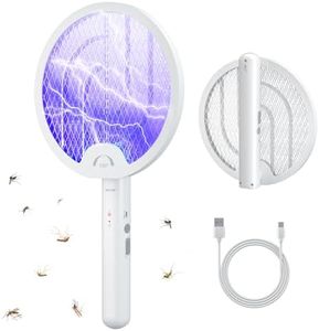 VLISBO Electric Fly Swatter 4000V 2 in 1 Bug Zapper Racket Fly Killer Mosquitoes Trap Lamp Rechargeable with 1200mAh Battery for Indoor Home Office Backyard Patio Camping (1 Pack)-White