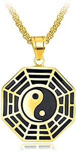 Rockyu Chinese Anti-spirit Power Necklace for Men Gold Plated Stainless Steel Chain 22 Inch Yin Yang Tai Chi Pendant Exorcism Bagua Five Elements and Eight Diagrams