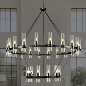 Black Wagon Wheel Chandelier 2 Tier, 60 Inch Chandeliers with Glass Shade, 30-Light Large Chandelier for High Ceiling, Modern Farmhouse Chandeliers for Living Room, Dining Room, Entryway and Staircase