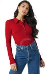 SIGHTBOMB Polo Collared Long Sleeve Button UP Ribbed Tops for Women (Medium, RED)