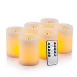 Flameless Flickering LED Candles 3" X 4" with 10-Key Remote Control Timer Classic Pillar Optical Fiber Wick Real Wax Battery Operated Candles, Ivory Color, Set of 6