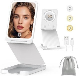 LAMPICK Travel Makeup Mirror with Lights, Portable 1X Vanity Mirror with 5X Lighted Magnification,72 LEDs 3 Color Lights, Rechargeable 1000mAh Battery, Freely Adjust Height and Angle