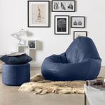 Sattva Classic XXXL Combo Bean Bag with Footstool & Cushion | Faux Leather Teardrop Bean Bag for Adults & Teens | Pre-Filled with Beans | Home, Bedroom, Living Room, Office – Navy Blue