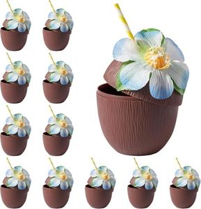 THE TWIDDLERS 12 Vasos de Coco de Plástico Reutilizables con Flores y Pajitas de Papel - Fiestas en la Piscina y la Playa, Tiki Bar, Fiesta Luau con Temática Hawaiana, Bodas Tropicales
