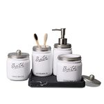 Mason Jar Bathroom Accessories Set - 5PCS LKKL Mason Jar Toothbrush Holder - Bathroom Accessory Sets Complete Soap Dispenser Vanity Tray Qtip Holders Cotton Swab Bathroom Decor(Silver/White)