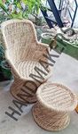 Handmakers ! Natural Bamboo (SARKANDA) Mudda Chair & Stool with Beige Set (1 Chair + 1 Stool)