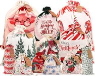 POPGIFTU Christmas Canvas Gift Bags with Drawstring, 12 PCs Christmas Santa Sack, Reusable Cotton Xmas Sack Cloth Bag for Xmas Package Storage, Christmas Party Supplies Favors