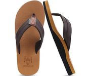 KuaiLu Men's Leather Flip Flops Arch Support Summer Beach Pool Water Thong Sandals Waterproof Rubber Walking Shoes Slip on Orthotic Casual Sport Cushioned Wide Slides Shower Slippers Khaki Brown 12