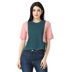 MIZAGO Women Green & Pink Colourblocked Round Neck Cropped T-shirt (Medium, GREEN)