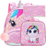 3PCS Unicorn Backpack for Girls, 12" Toddler Sequin Preschool Bookbag and Lunch Box