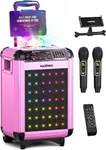 MASINGO Karaoke Machine for Adults and Kids with 2 Bluetooth Wireless Microphones. Portable Singing PA Speaker System with Disco Ball Party Lights, Lyrics Display Tablet Holder & TV Cable. (V1, Pink)