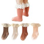 HXQLXGT 4 Pairs Spanish NewBorn Baby Girl Socks Cotton Knee High Stockings Lace-Tirmmed Ruffled Cute Princess Socks (0-1 Year, 4 Colors Set)