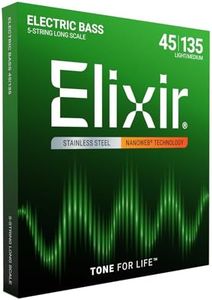 Elixir Strings, Electric Bass Guitar Strings, Stainless Steel with NANOWEB Technology, Longest-Lasting Bright Tone with Comfortable Feel, 5-String Set, Long Scale, Light/Medium 45-135